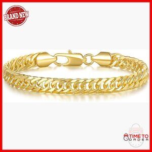 14K Gold Plated Cuban Link Chain Bracelet Lobster Clasp Sizes 6.5-8.5in